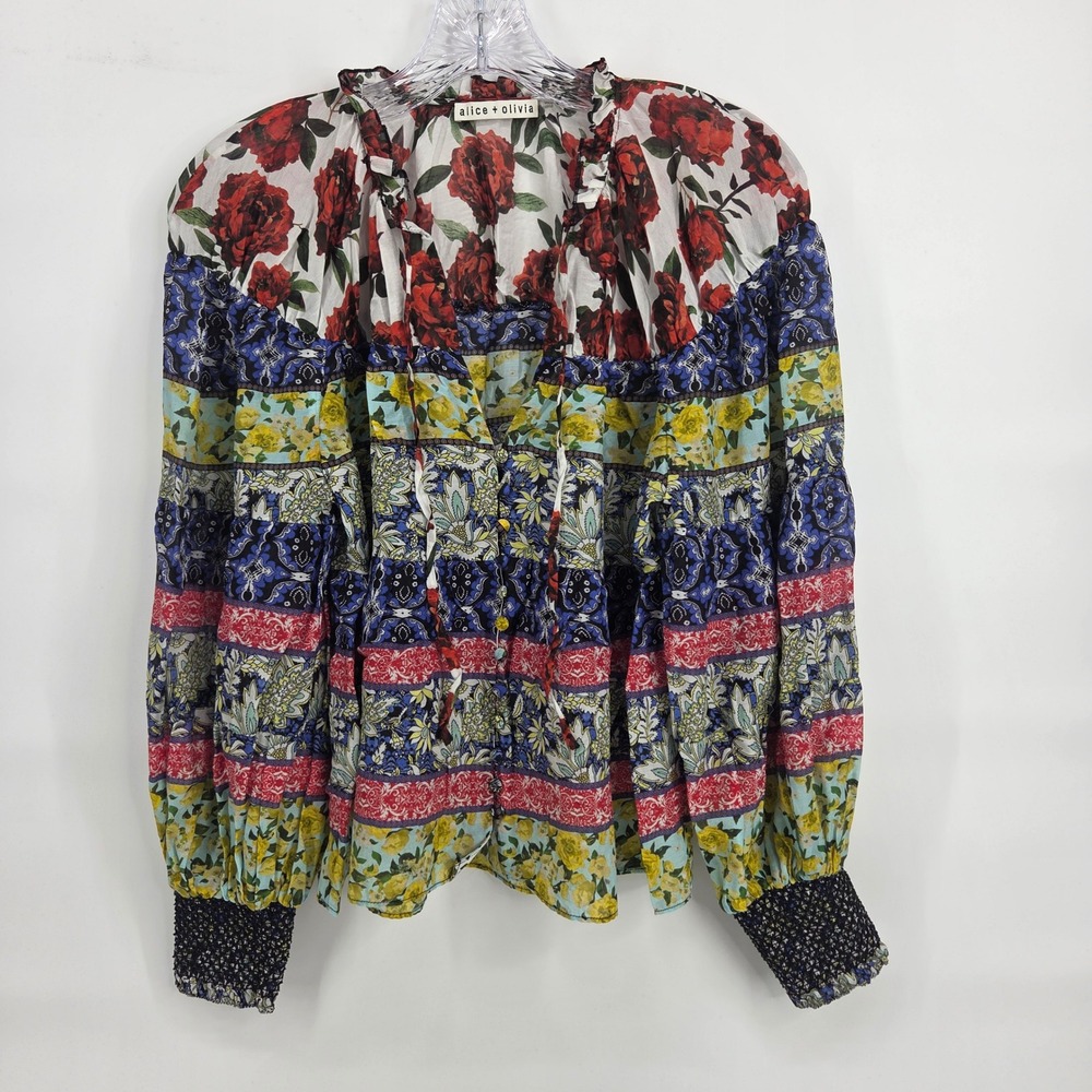 Alice + Olivia Blouse S Multicolor Floral Silk Blend Boho Eclectic